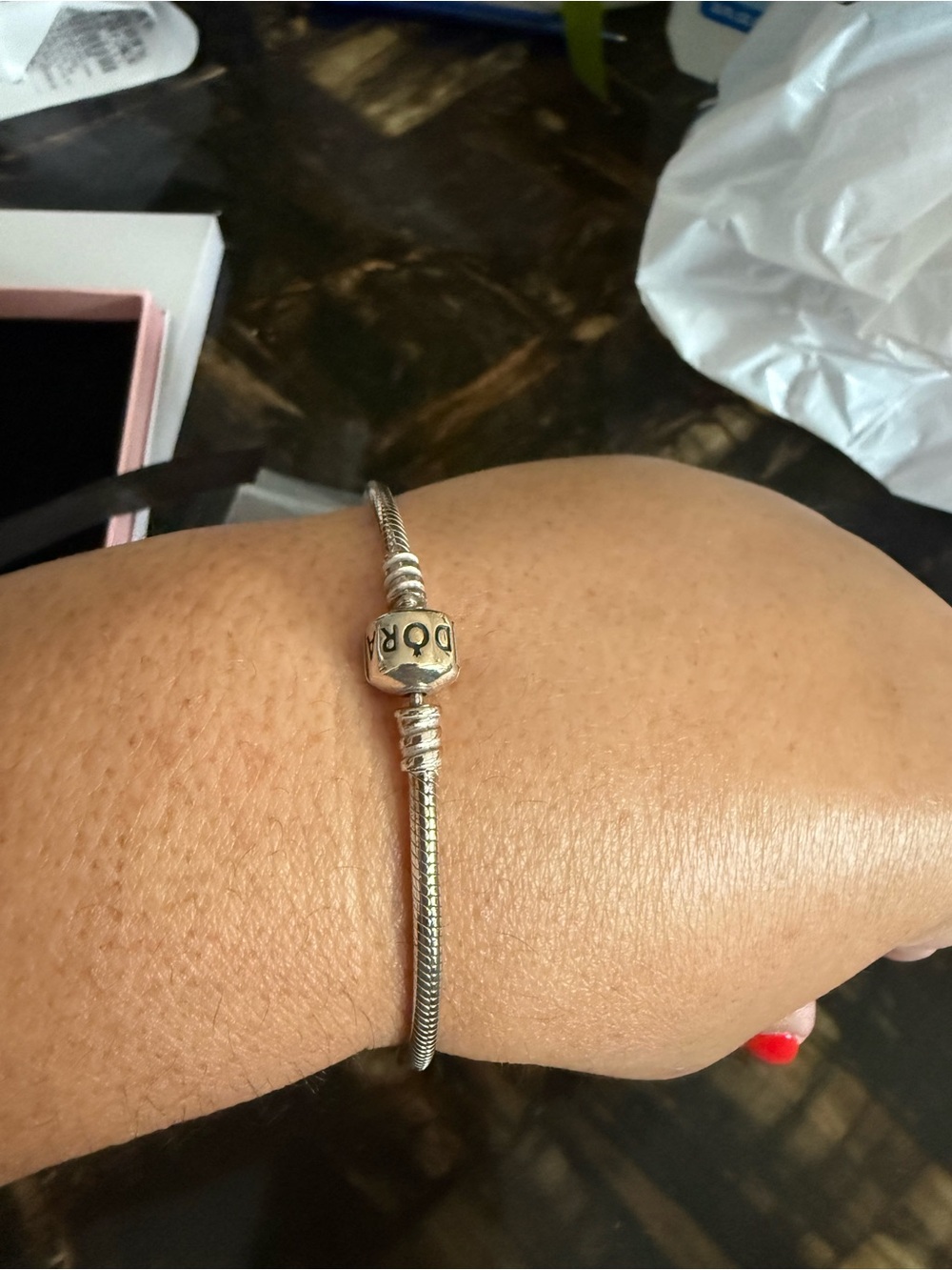 Pandora Silver Snake Chain Bracelet with Logo Bead